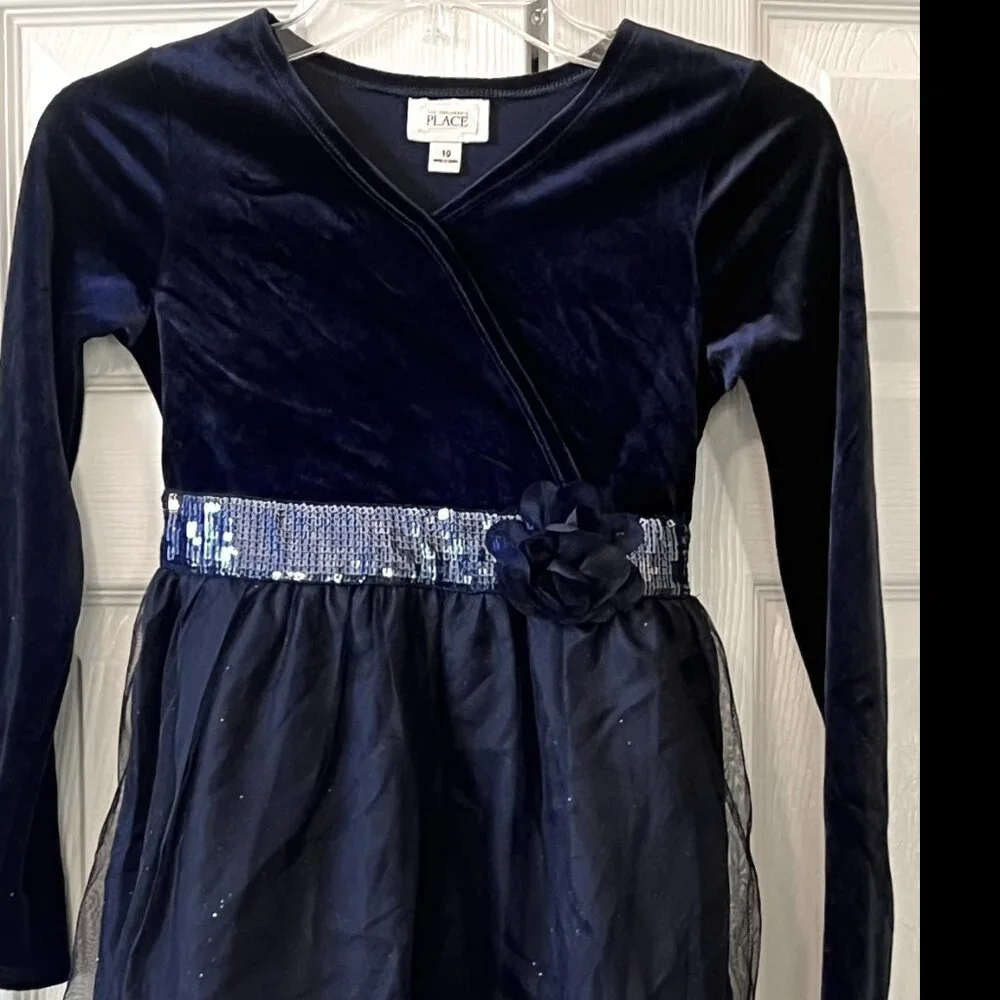 Childrens Place Girl Holiday Formal Wedding Dressy Blue Velveteen Tule Dress